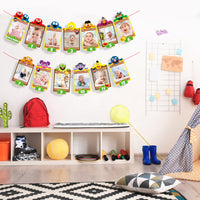 PANTIDE Sesame Friends 1st Birthday Photo Banner for Baby Newborn to 12 Months, Monthly Milestone Photograph Bunting Garland with Stickers, Elmo Cookie Monster Themed First Birthday Party Decorations