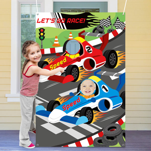 PANTIDE Racing Car Photo Door Banner Backdrop Props, Large Satin Photo Background Face Photography Banner Decor Let's Go Racing Theme Party Favor Supply Decorations Party Games for Kids, 59 x 39 Inch