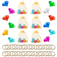 PANTIDE 78Pcs Acrylic Diamond Gems Jewels Alloy Gold Round Ring Set The Blue Hedgehog Chaos Emeralds Power Rings Party Favor Supplies Cake Decoration Pirate Treasure Chest Hunt for Kids with Bag