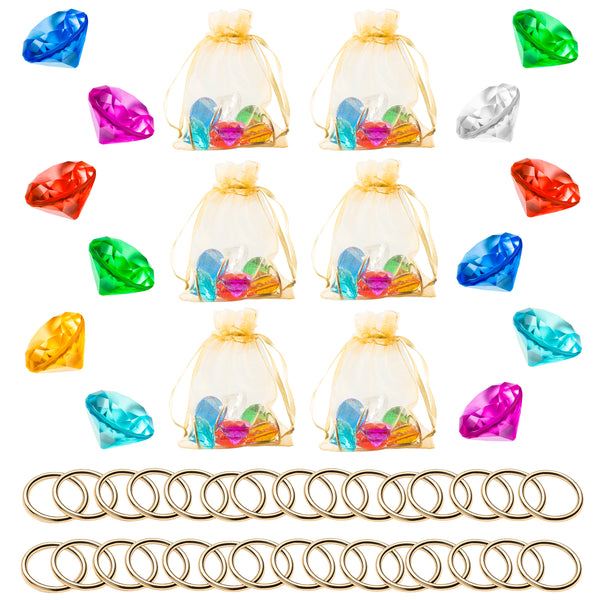 PANTIDE 78Pcs Acrylic Diamond Gems Jewels Alloy Gold Round Ring Set The Blue Hedgehog Chaos Emeralds Power Rings Party Favor Supplies Cake Decoration Pirate Treasure Chest Hunt for Kids with Bag