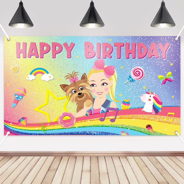 PANTIDE JoJo Happy Birthday Backdrop Banner- Unicorn Rainbow Puppy Large Poster Photography Background Wall Decor Studio Photo Props, Colorful JoJo Party Supplies Indoor Outdoor Decor(6.6ft3.8ft)