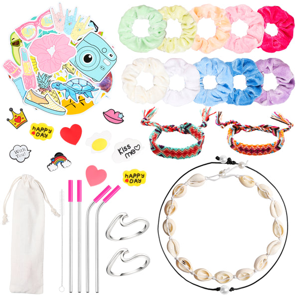 PANTIDE 65Pcs VSCO Stuff Set-VSCO Stickers, Velvet Hair Scrunchies, Shell Necklace Choker, Wave Rings, Nepal Woven Friendship Bracelets, Metal Straws with Brush and Storage Bag, Shoes Charms