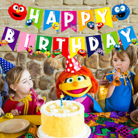 PANTIDE Sesame Happy Birthday Banner Bunting - Elmo Cookie Monster Swallowtail Banner Garland High Chair Hanging Décor for Baby Nursery, Sesame Theme Birthday Party Decorations Supplies for Kids