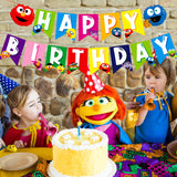 PANTIDE Sesame Happy Birthday Banner Bunting - Elmo Cookie Monster Swallowtail Banner Garland High Chair Hanging Décor for Baby Nursery, Sesame Theme Birthday Party Decorations Supplies for Kids