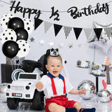 PANTIDE 6 Months Birthday Decorations Set for Baby Boy, Black & White Happy 1/2 Birthday Triangle Flag Banner Glitter 1/2 Cake Topper Crown Hat Latex Foil Balloons for Half Year Birthday Baby Shower