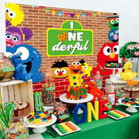 PANTIDE Sesame Brick Wall Photography Backdrop, Elmo Cookie Monster 1st Onederful Large Poster Photo Booth Background Wall Décor, Sesame Birthday Party Supplies for Baby One Year Old (5.9ft x 3.6ft)