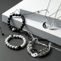 PANTIDE 6Pcs Yin Yang BFF Couples Bracelets Necklace Set Adjustable Yin Yang Pendant Matching Necklace Cord Bracelet Energy Beads Bracelet Friendship Relationship Valentines Gift Boyfriend Girlfriend