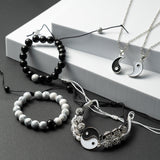 PANTIDE 6Pcs Yin Yang BFF Couples Bracelets Necklace Set Adjustable Yin Yang Pendant Matching Necklace Cord Bracelet Energy Beads Bracelet Friendship Relationship Valentines Gift Boyfriend Girlfriend