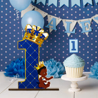 PANTIDE Royal Prince Number 1 Wooden Sign African American Table Centerpiece Blue Gold Crown Little Prince One Party Decoration Supplies for Baby Boys First Birthday Baby Shower Cake Smash Photo Props