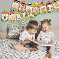 PANTIDE Sesame Friends 1st Birthday Photo Banner for Baby Newborn to 12 Months, Monthly Milestone Photograph Bunting Garland with Stickers, Elmo Cookie Monster Themed First Birthday Party Decorations