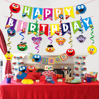 PANTIDE Sesame Birthday Party Decorations Kit - Sesame Happy Birthday Banner Bunting, Hanging Swirls Streamers, Elmo Cookie Monster Honeycomb Centerpiece Table Topper, Elmo Party Supplies for Kids