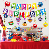 PANTIDE Sesame Birthday Party Decorations Kit - Sesame Happy Birthday Banner Bunting, Hanging Swirls Streamers, Elmo Cookie Monster Honeycomb Centerpiece Table Topper, Elmo Party Supplies for Kids