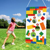PANTIDE Building Blocks Toss Game Banner with 4 Bean Bags, Fun Indoor Outdoor Party Game Activities for Kids and Adults, Building Blocks Themed Throwing Games Birthday Party Decoration Supplies Set