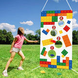 PANTIDE Building Blocks Toss Game Banner with 4 Bean Bags, Fun Indoor Outdoor Party Game Activities for Kids and Adults, Building Blocks Themed Throwing Games Birthday Party Decoration Supplies Set