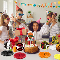 PANTIDE 9Pcs Karate Taekwondo Party Honeycomb Centerpiece Table Toppers Flower Paper Fans Strike First Strike Hard No Mercy Karate Theme Birthday Favors Supplies Decorations for Kids Adults