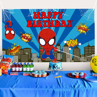 PANTIDE Superhero Happy Birthday Backdrop Banner Spider Themed Large Poster Photography Background Fabric Posters Wall Decor Party Favors Decorations Supplies Photo Booth Props for Kids (6.6ft*3.8ft)
