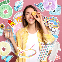 PANTIDE 63Pcs VSCO Starter Stuff Pack Set Vsco Accessories- Velvet Hair Scrunchies, VSCO Stickers, Adjustable Wave Strand Beads Bracelets, Reusable Stainless Steel Straws with Brush and Storage Bag