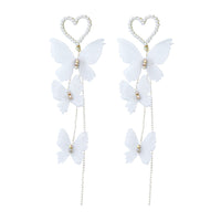 PANTIDE Pearl Heart Butterfly Dangle Earrings for Women Girls, Wedding Pearl Plated Yarn Butterfly Hook Long Tassel Dangling, Butterfly Earrings for Bridal Dress Ear Accessories Earrings Gift