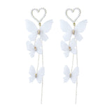 PANTIDE Pearl Heart Butterfly Dangle Earrings for Women Girls, Wedding Pearl Plated Yarn Butterfly Hook Long Tassel Dangling, Butterfly Earrings for Bridal Dress Ear Accessories Earrings Gift