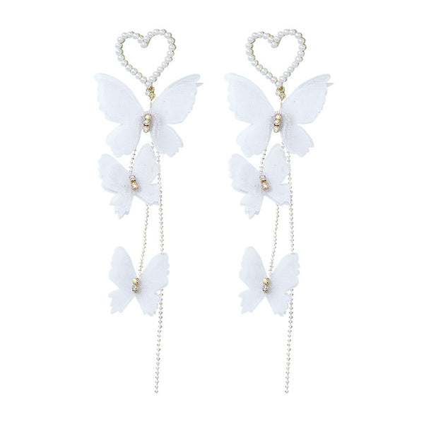 PANTIDE Pearl Heart Butterfly Dangle Earrings for Women Girls, Wedding Pearl Plated Yarn Butterfly Hook Long Tassel Dangling, Butterfly Earrings for Bridal Dress Ear Accessories Earrings Gift