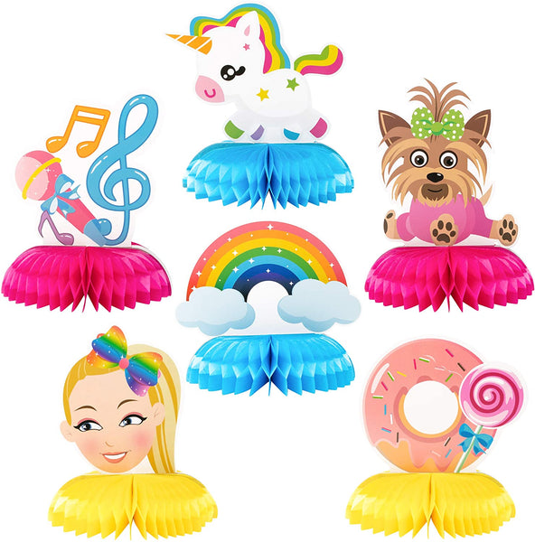 PANTIDE Jojo Rainbow Tables Honeycomb Centerpieces Colorful Jojo Unicorn Pink Donut Puppy Paper Centerpieces Birthday Party Desk Decoration Favors for Kids Girls Baby Shower Photo Booth Props, 6Pcs