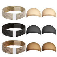 PANTIDE Lace Wig Grip Band with Stocking Wig Caps, 3Pcs Velvet Comfort WiGrip Band Adjustable Wig Elastic Bands Non Slip Hair Band, 6Pcs Beige Wig Caps Stretchy Nylon Wig Caps for Women Girls