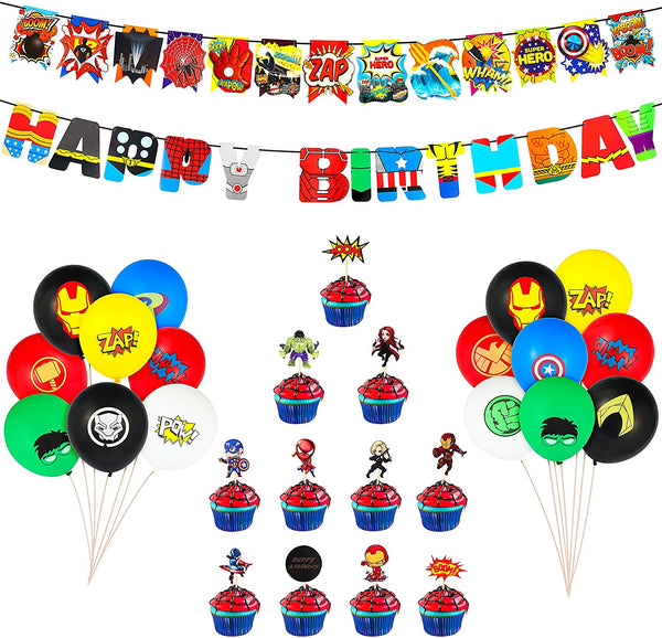 PANTIDE 54 Pack Superhero Party Supplies Kit-Superhero Birthday Garland Banner, Latex Balloons, Cupcake Topper for Cake Decoration, Superhero Theme Party Decorations Party Favors for Kids Birthday