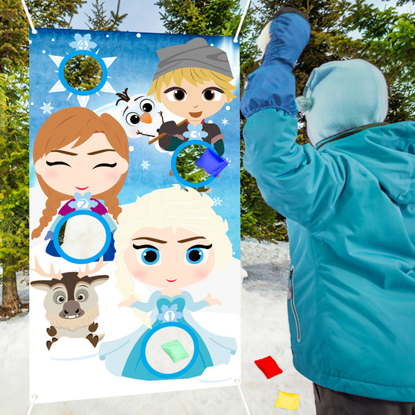 PANTIDE Frozen Toss Game Banner with 4 Bean Bags, Snow Queen Elsa Anna Party Games Activities for Kids and Adults, Frozen Theme Indoor Outdoor Throwing Game Birthday Party Decoration Supplies