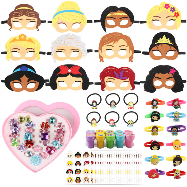 PANTIDE 88Pcs Princess Pretend Play Set- Felt Masks, Hair Elastics, Bracelets, Jewelry Rings, Self-Inking Stampers, Stickers, Princess Themed Party Favors for Girls Birthday Prizes